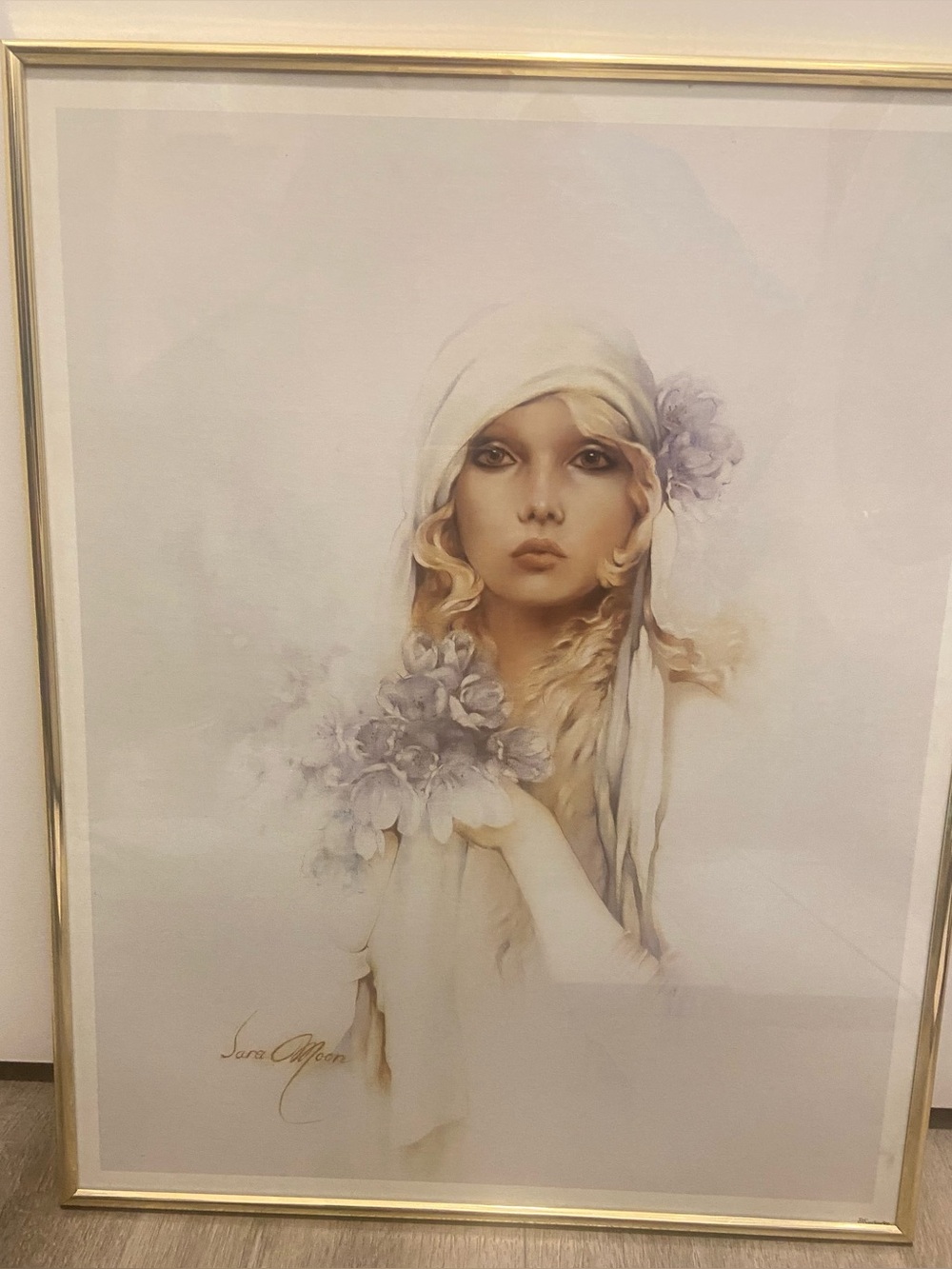 Vintage 1970s Portrait Art - Print in Cream and Soft Purple by Sara Moon